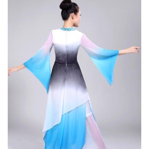 Women's blue gradient colored chinese folk dance costumes hanfu fan umbrella fairy princess stage performance dresses
